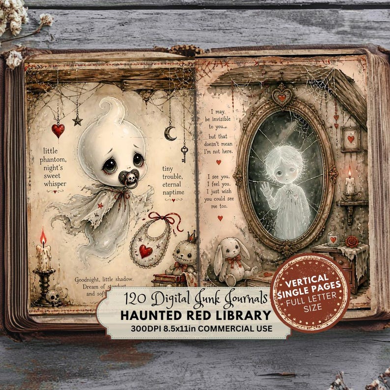 May include: An open book featuring illustrations of a ghost with a pacifier, a bib, a stuffed rabbit, and a child reflected in a cracked mirror. Text includes 'little phantom, night's sweet whisper', 'tiny trouble, eternal naptime', and '120 Digital Junk Journals'.