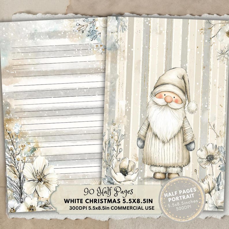 May include: A two-page spread with a Christmas theme. The left page has lined paper, while the right page features a Santa Claus illustration. The pages are decorated with floral and snowflake accents. The text on the image reads "WHITE CHRISTMAS 5.5X8.5IN".