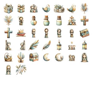 May include: Watercolor illustrations of various religious and nature-themed elements. Includes gift boxes, birds, crosses, crowns, angels, feathers, lanterns, a chest, a cactus, and a crescent moon. The color palette is soft, with muted blues, greens, and browns.