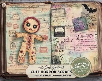 Könnte beinhalten: Ein Set mit 40 digitalen Scrapbook-Papieren mit einem Vintage-Look, der abgenutzt wirkt, mit einer gruseligen Puppe, Text und Briefmarken. Die Papiere haben eine Auflösung von 300 DPI und sind 21,6 x 27,9 cm groß, geeignet für kommerzielle Nutzung.
