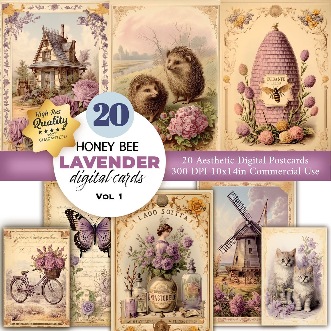 20 Vintage Bees & Lavender Digital Postcards: Junk Journal Ephemera ...