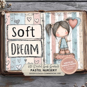 Puede incluir: Diario digital de estilo junk con temática de guardería pastel. La imagen presenta una niña de dibujos animados sosteniendo un globo en forma de corazón, con las palabras "Soft Dream" y "65 Digital Junk Journals". El diario mide 21,59 x 27,94 cm.