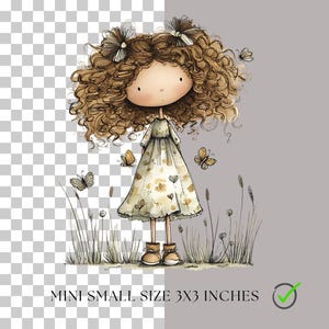 May include: Watercolor illustration of a doll-like figure with curly brown hair, wearing a floral dress, and brown boots. Butterflies and tall grass surround the figure. The text "MINI SMALL SIZE 3X3 INCHES" is at the bottom.