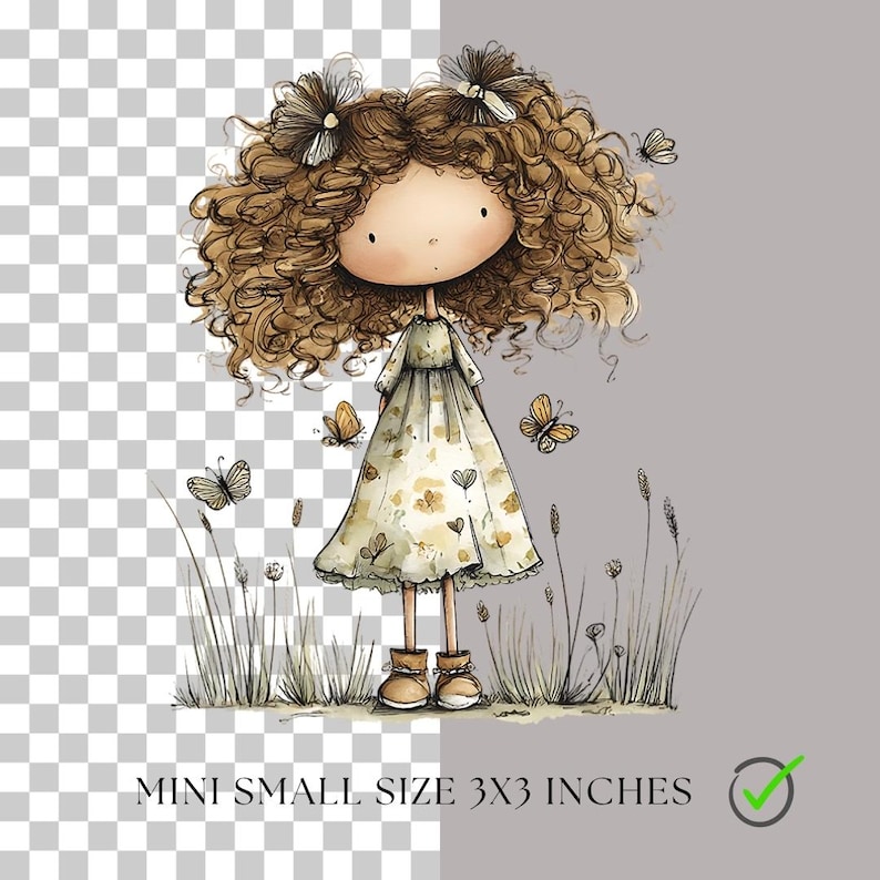 May include: Watercolor illustration of a doll-like figure with curly brown hair, wearing a floral dress, and brown boots. Butterflies and tall grass surround the figure. The text "MINI SMALL SIZE 3X3 INCHES" is at the bottom.