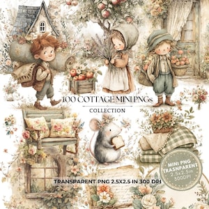 Op de afbeelding: Waterverfillustraties met cottagecore-elementen. De afbeelding bevat kinderen, een muis, bloemen en een bank. Tekst luidt "100 COTTAGE MINI PNGS COLLECTION" en "TRANSPARENT PNG 2.5X2.5 IN 300 DPI". Het kleurenpalet is zacht en gedempt.