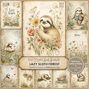 Può includere: Una raccolta di pagine di junk journal digitali con illustrazioni di bradipi in un ambiente boschivo con accenti floreali, scrittura vintage e francobolli. Il testo include Lazy Season, Notes, 100 Digital Junk Journals e Lazy Sloth Forest.