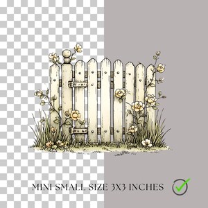 May include: Illustration of a white picket fence with a gate, adorned with yellow roses and green foliage. The image includes the text "MINI SMALL SIZE 3X3 INCHES".