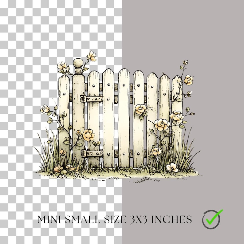 May include: Illustration of a white picket fence with a gate, adorned with yellow roses and green foliage. The image includes the text "MINI SMALL SIZE 3X3 INCHES".