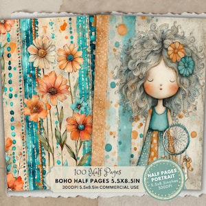 May include: A digital art print featuring a whimsical illustration of a girl with curly gray hair, adorned with flowers, and a dreamcatcher. The design incorporates floral and striped patterns in teal, orange, and beige. The text reads "BOHO HALF PAGES 5.5X8.5IN".