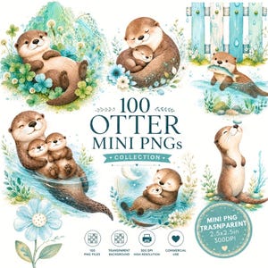 Op de afbeelding: Een digitale collectie van 100 otter mini PNG's met aquarelillustraties van otters in verschillende houdingen, zwemmend, met jongen en spelend bij een hek. De tekst luidt 100 OTTER MINI PNGs COLLECTION en MINI PNG TRASNPARENT 2.5x2.5in 300DPI.