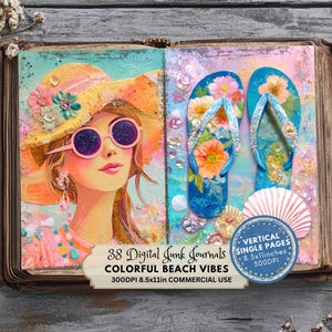 Könnte beinhalten: Eine digitale Junk-Journal-Seite mit einer farbenfrohen Illustration einer Frau, die einen Strohhut und eine Sonnenbrille trägt. Der Hintergrund ist eine Collage aus Blumen, Muscheln und Glitzer. Der Text auf der Seite lautet "38 Digital Junk Journals, Colorful Beach Vibes, 300DPI 8.5x11in Commercial Use".
