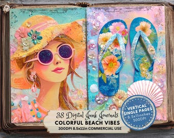 Summer Beach Junk Journal Pages: Printable Collage Kit, Mixed Media Style (Digital Download)