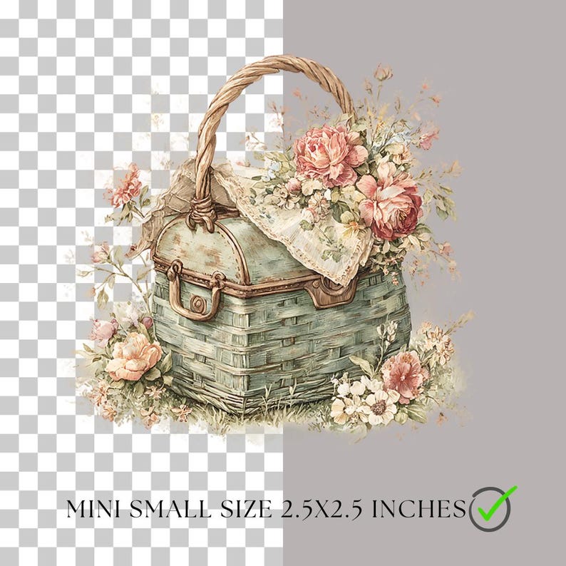 May include: A watercolor illustration of a small, vintage picnic basket with a woven handle. The basket is light blue and filled with pink and white flowers. The text "MINI SMALL SIZE 2.5X2.5 INCHES" is at the bottom.