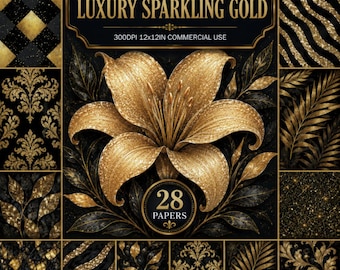 Luxury Gold Glitter Digital Paper: 28 Seamless Sparkling Designs (12x12in JPG)