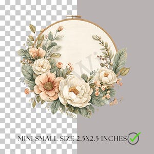 May include: A floral embroidery hoop featuring a cream-colored fabric, adorned with watercolor-style flowers in shades of peach and white, surrounded by green foliage. The text "MINI SMALL SIZE 2.5X2.5 INCHES" is displayed at the bottom.