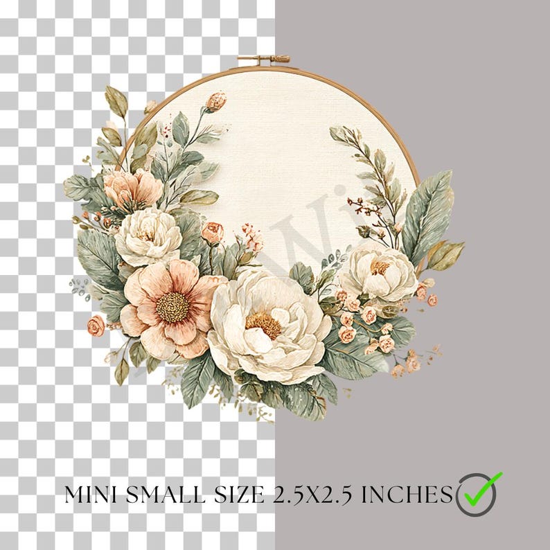 May include: A floral embroidery hoop featuring a cream-colored fabric, adorned with watercolor-style flowers in shades of peach and white, surrounded by green foliage. The text "MINI SMALL SIZE 2.5X2.5 INCHES" is displayed at the bottom.