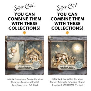 May include: Two digital junk journal kits are displayed. The first features an angel and a nativity scene, with text that reads "Nativity Junk Journal Pages." The second shows Mary, Joseph, and baby Jesus, with text that reads "Bible Junk Journal Kit."