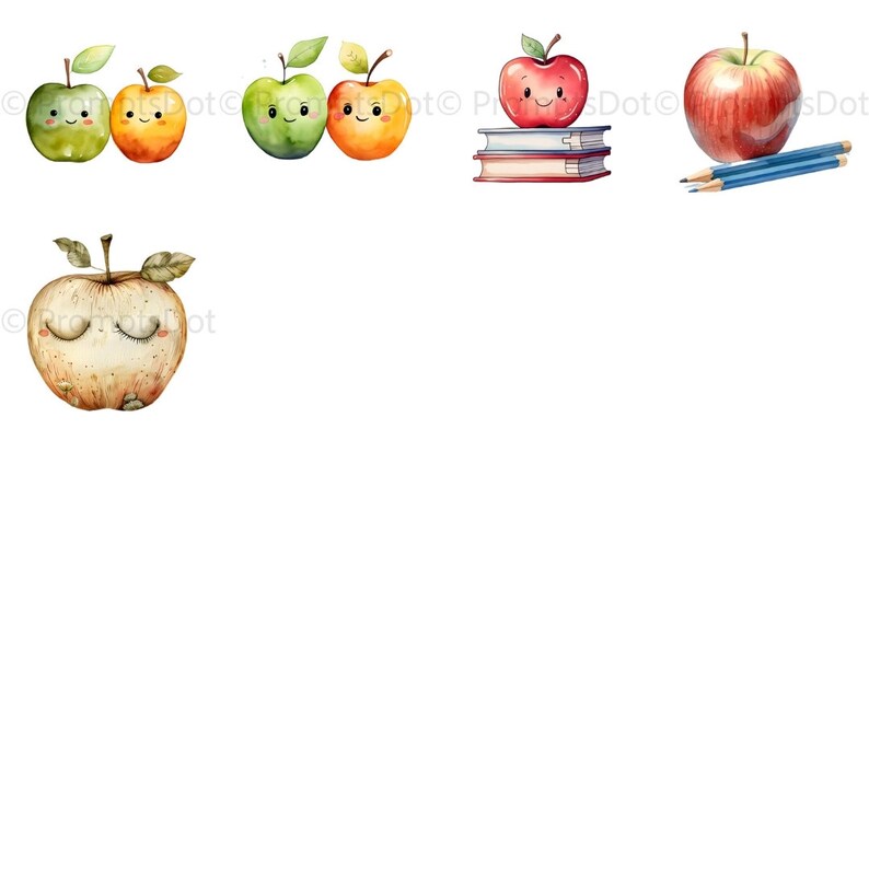 May include: A set of watercolor illustrations featuring apples. The illustrations include a red apple with a smiling face, a green apple with a smiling face, a yellow apple with a smiling face, a green apple with closed eyes, and a red apple with a smiling face on top of a stack of books. There are also two pencils and a red apple.
