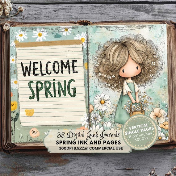 Bright Spring Junk Journal Kit: Printable Ephemera, Ink and Pages Spring Girls (Digital Download)