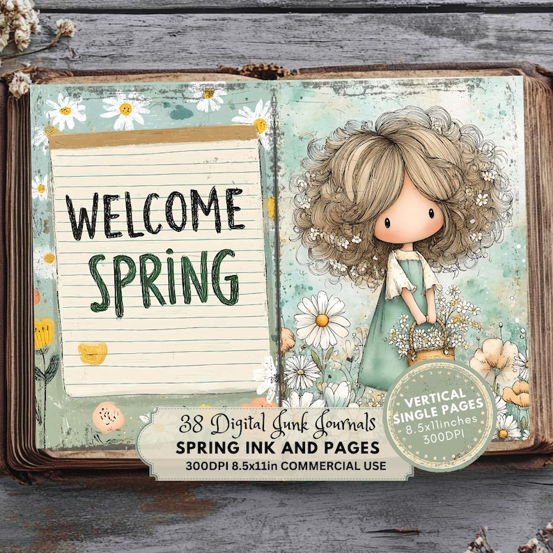 cute girl with daisies, Bright Spring Junk Journal Kit, Colorful Printable Ephemera, Digital Scrapbook Pages for Creative Projects, Ink and Pages Spring Girls