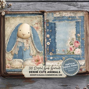 Pagine di diario Denim Junk, simpatici animali in tessuto, fogli di collage digitali stampabili, effimeri vintage, kit per scrapbooking Shabby Chic