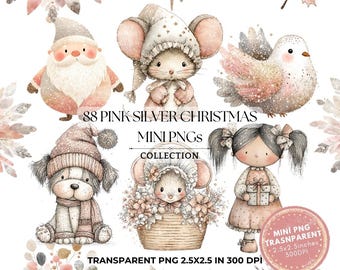 Pink Silver Christmas Clipart: Watercolor PNG (Digital Download, 2.5x2.5 inches)