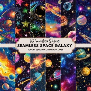 May include: 16 seamless digital papers featuring a space galaxy theme with planets, stars, and nebulae in vibrant colors. 300DPI, 12x12 inches, commercial use.