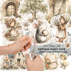 以下が含まれることがあります： 子供、動物、花、建物などのイラストが描かれた、コテージをテーマにしたカットステッカーのコレクション。「100 Fussy Cuts」と「Cottage Fussy Cuts」の文字が見えます。画像サイズは21.59x27.94cmで、商用利用に適しています。