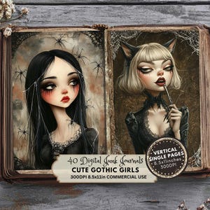 Gothic Doll Junk Journal Pages, Gothic Girl Ephemera, Cute Gothic Prints, Digital Paper, Scrapbook Paper, Dark Fantasy Cartoon