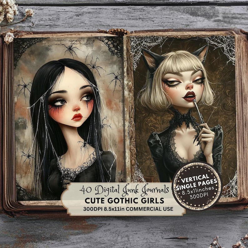 Gothic Doll Junk Journal Pages, Gothic Girl Ephemera, Cute Gothic Prints, Digital Paper, Scrapbook Paper, Dark Fantasy Cartoon