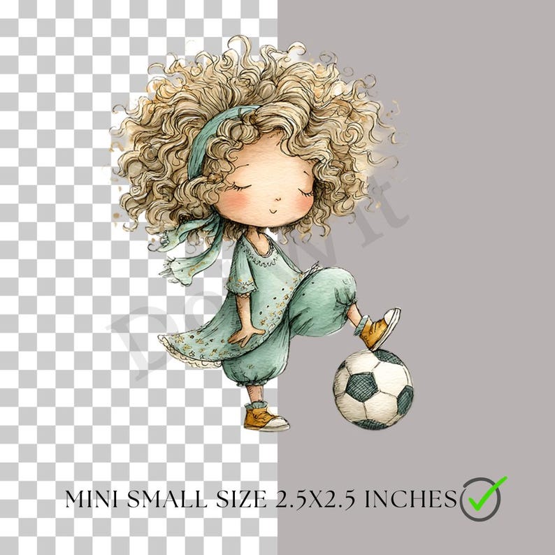 May include: A watercolour illustration of a girl with curly blonde hair, wearing a teal outfit and yellow shoes, playing football. The football is black and white. The image is 6.35 cm x 6.35 cm.