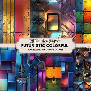 May include: 28 seamless digital papers with futuristic colorful geometric patterns. 300 DPI, 12x12 inches, commercial use.