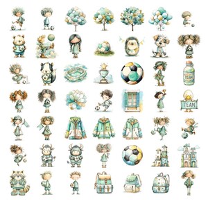 May include: A collection of watercolour illustrations with a soccer theme. The image includes characters, footballs, trees, jackets, and backpacks in blue, green, and yellow. The artwork has a whimsical, hand-painted style, suitable for children's designs.