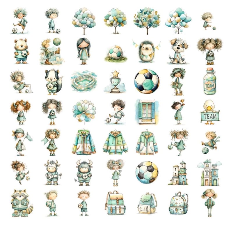 May include: A collection of watercolour illustrations with a soccer theme. The image includes characters, footballs, trees, jackets, and backpacks in blue, green, and yellow. The artwork has a whimsical, hand-painted style, suitable for children's designs.