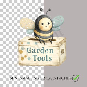 K&ouml;nnte beinhalten: Eine Illustration einer Cartoon-Biene, die auf einer Holzkiste mit der Aufschrift "Garden Tools" sitzt. Die Biene hat einen schwarz-gelb gestreiften K&ouml;rper mit hellblauen und gelben Fl&uuml;geln. Die Kiste ist ca. 6,35 cm x 6,35 cm gro&szlig;.