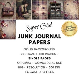 K&ouml;nnte beinhalten: Eine digitale Collage mit Bildern im Vintage-Stil, darunter eine Handtasche, eine Frau mit einem Sch&auml;del, Spinnen und Apothekerflaschen. Der Text lautet "Super Cute! JUNK JOURNAL PAPERS" mit Details zu Papierformat und -format.