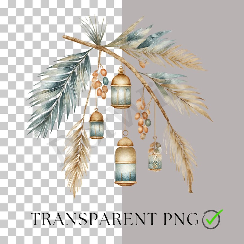May include: Watercolor illustration of a branch with hanging lanterns, leaves, and berries. The lanterns are gold and blue, and the leaves are blue and tan. The text "TRANSPARENT PNG" is at the bottom.