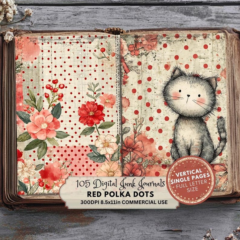 Red Polka Dot Junk Journal Kit: Vintage Collage Papers (digital ...