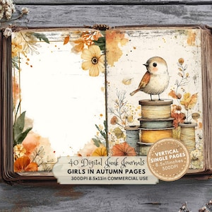blank page with flowers, bird on fabrics, Printable Junk Journal Pages, Autumn Digital Download, Cozy Fall Ephemera, Scrapbook Paper, Instant Access, Quirky Girls with Flowers in Autumn