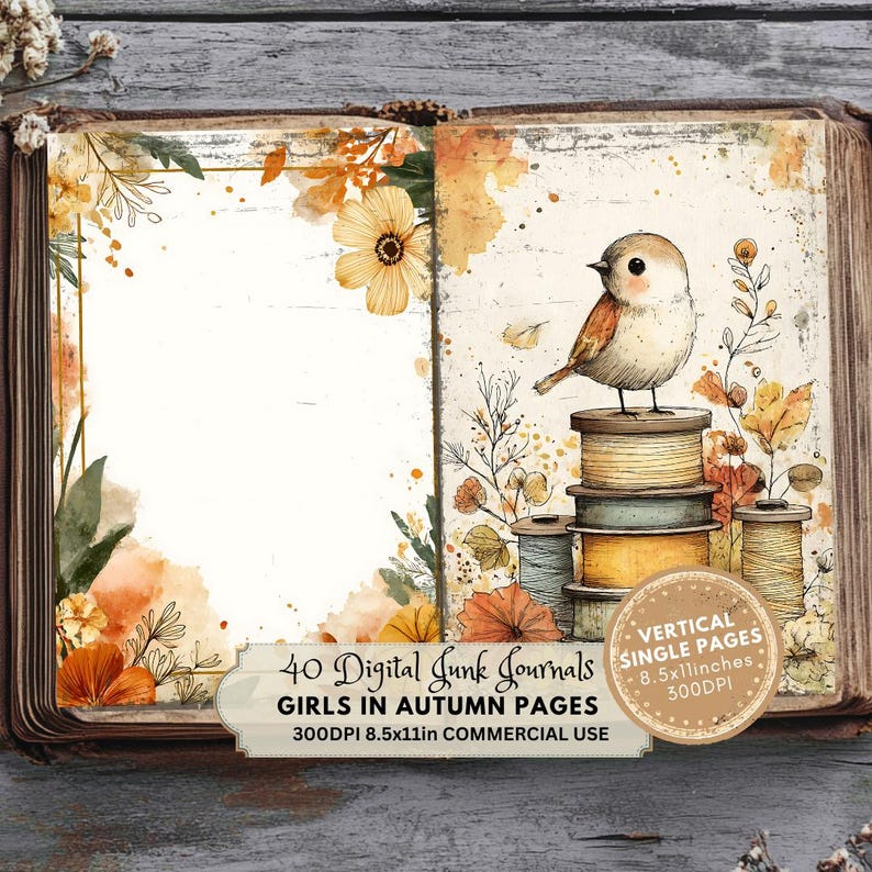 blank page with flowers, bird on fabrics, Printable Junk Journal Pages, Autumn Digital Download, Cozy Fall Ephemera, Scrapbook Paper, Instant Access, Quirky Girls with Flowers in Autumn