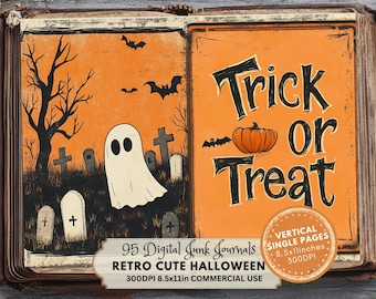 May include: Open book with orange pages featuring Halloween illustrations. One page shows a ghost in a graveyard, the other says "Trick or Treat" with a pumpkin. Text includes "95 Digital Junk Journals" and "Retro Cute Halloween".