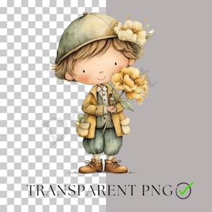 Puede incluir: Ilustraci&oacute;n en acuarela de un ni&ntilde;o con gorra verde, abrigo amarillo y pantal&oacute;n verde, sosteniendo una gran flor amarilla. La imagen tiene un fondo transparente y el texto "TRANSPARENT PNG" con una marca de verificaci&oacute;n verde.