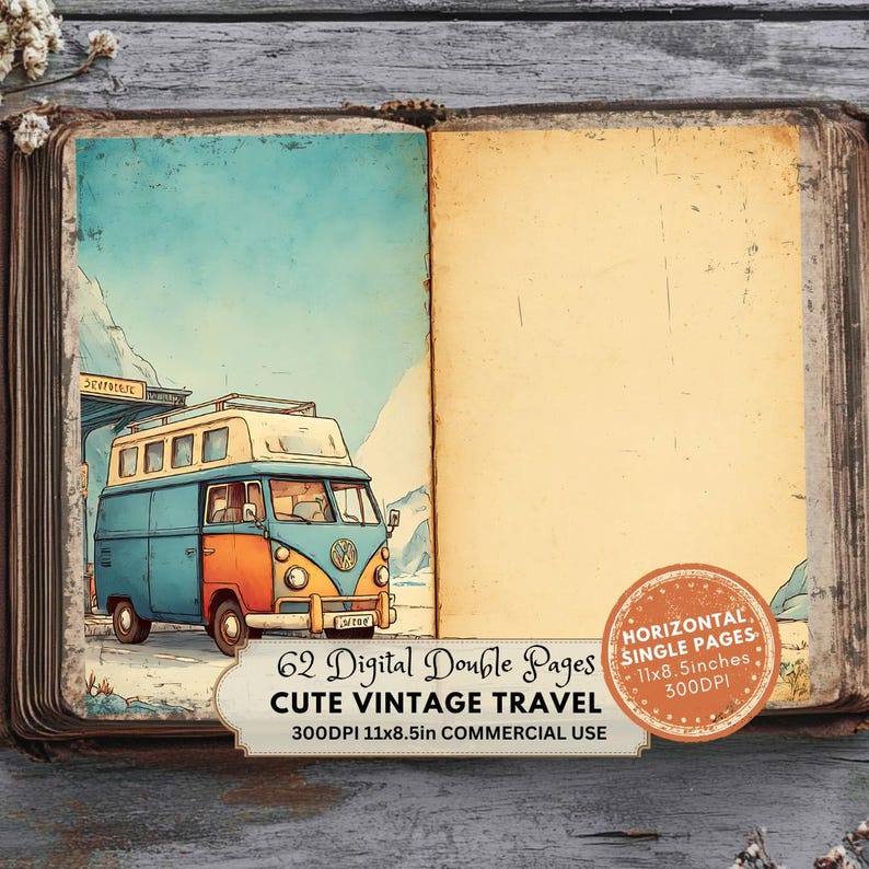 Cute caravan on the road Vintage Travel Journal Kit, Scrapbooking Supplies, Printable Pages, Cute Travel Theme Ephemera, Travel Journal Pages, Printable Travel Journal