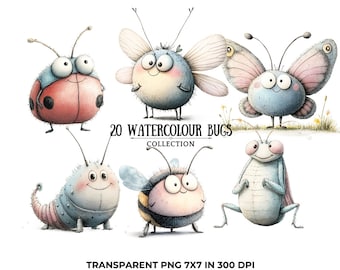 Watercolor Bug Clipart Set: Insect Illustrations Bundle (PNG)