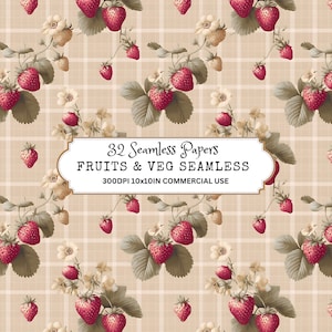 Summer Fruits Seamless Pattern, Digital File for Fabric Printing, Commercial Use, Vintage Fruits Design, Carrots, Strawberries, Blueberries