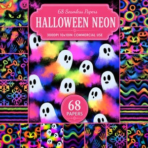 May include: A digital collection of 68 seamless papers titled Halloween Neon, featuring 300DPI 10x10in commercial use graphics. The patterns include white ghosts on neon powder backgrounds, glowing pumpkins, skeletons, bats, keys, and wavy lines.