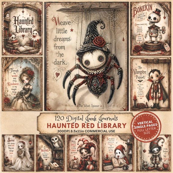 Haunted Library Junk Journal Kit, Gothic Halloween Ephemera, Spooky Collage Pack (Digital Download)