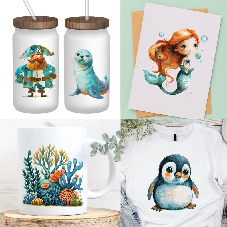 May include: White tumbler with a wooden lid and straw, featuring a cartoon pirate and a blue seal. A greeting card with a mermaid illustration and a white mug with coral reef art are also shown. A white t-shirt with a penguin graphic is also shown.