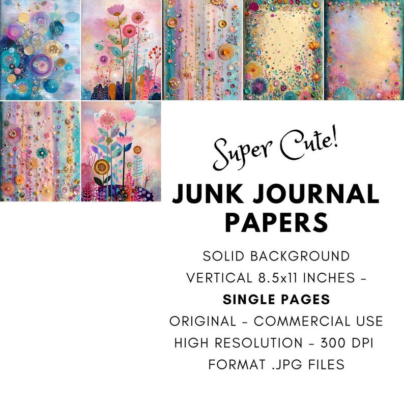 May include: A set of eight digital papers featuring colorful abstract floral designs with gold accents. The papers are perfect for junk journaling, scrapbooking, and other creative projects. Each paper is 8.5 inches by 11 inches and has a 300 DPI resolution.