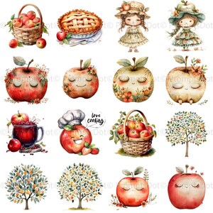 May include: Watercolor illustrations of apples, apple trees, apple pie, and girls with apples. The illustrations are in a whimsical style and feature bright colors.